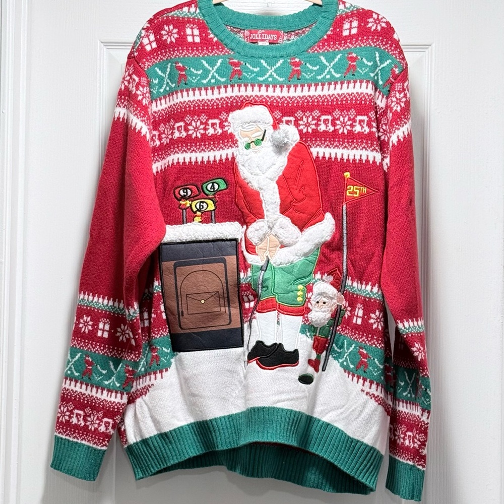 Holiday Time Santa Golfing Sweater - Red and Green